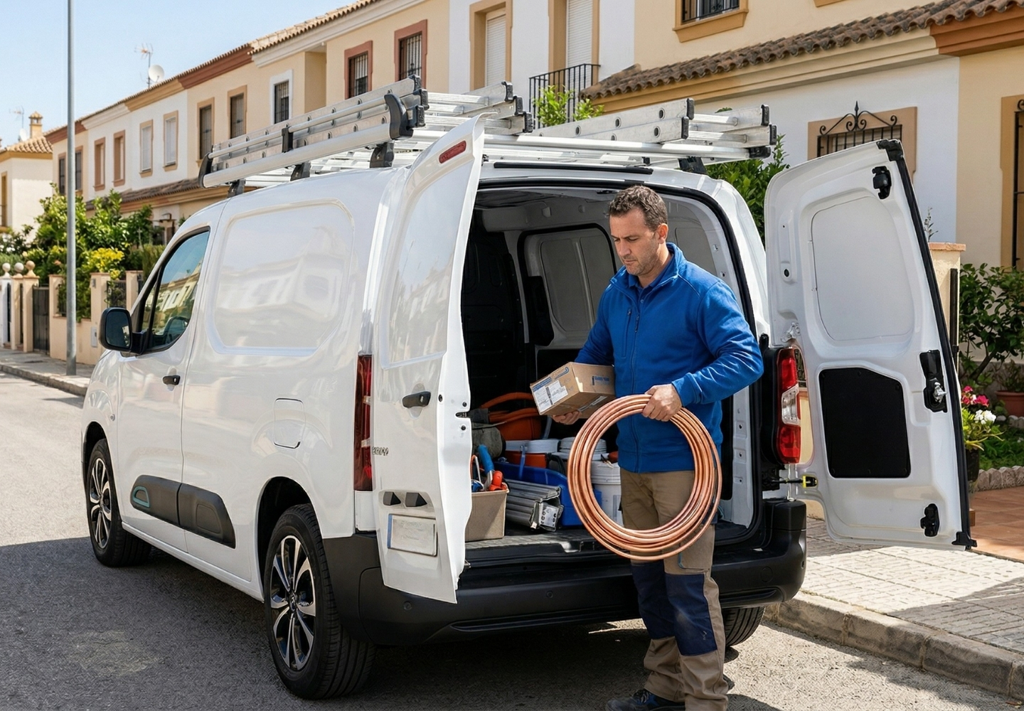 Fontanero descargando herramientas de una furgoneta compacta Citroën Berlingo